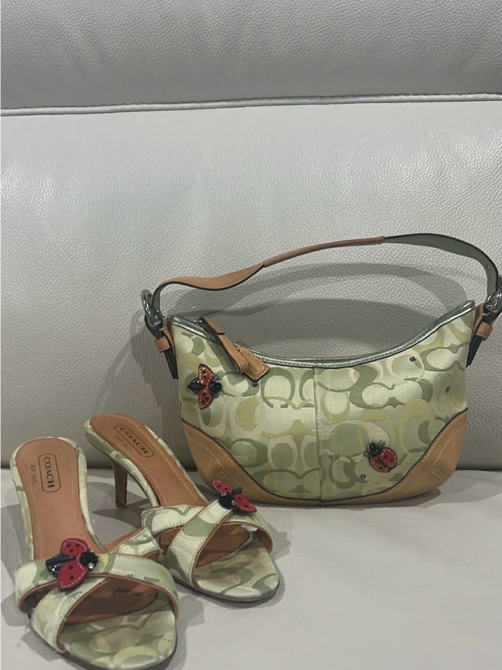 Coach Green Signature Canvas Satchel with Tan Trim and Red Ladybug Accents - Picture 2 of 12